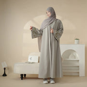 Olive Branch Embroidered Linen Abaya Set With Matching Belt & Hijab (ABA037)